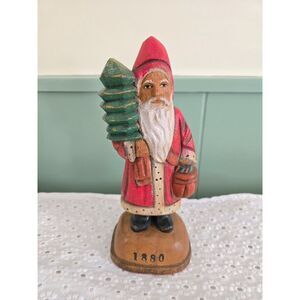 Wood Carved Folk Art Santa 1880 Wood Statue With Felt Bottom 8.75" High